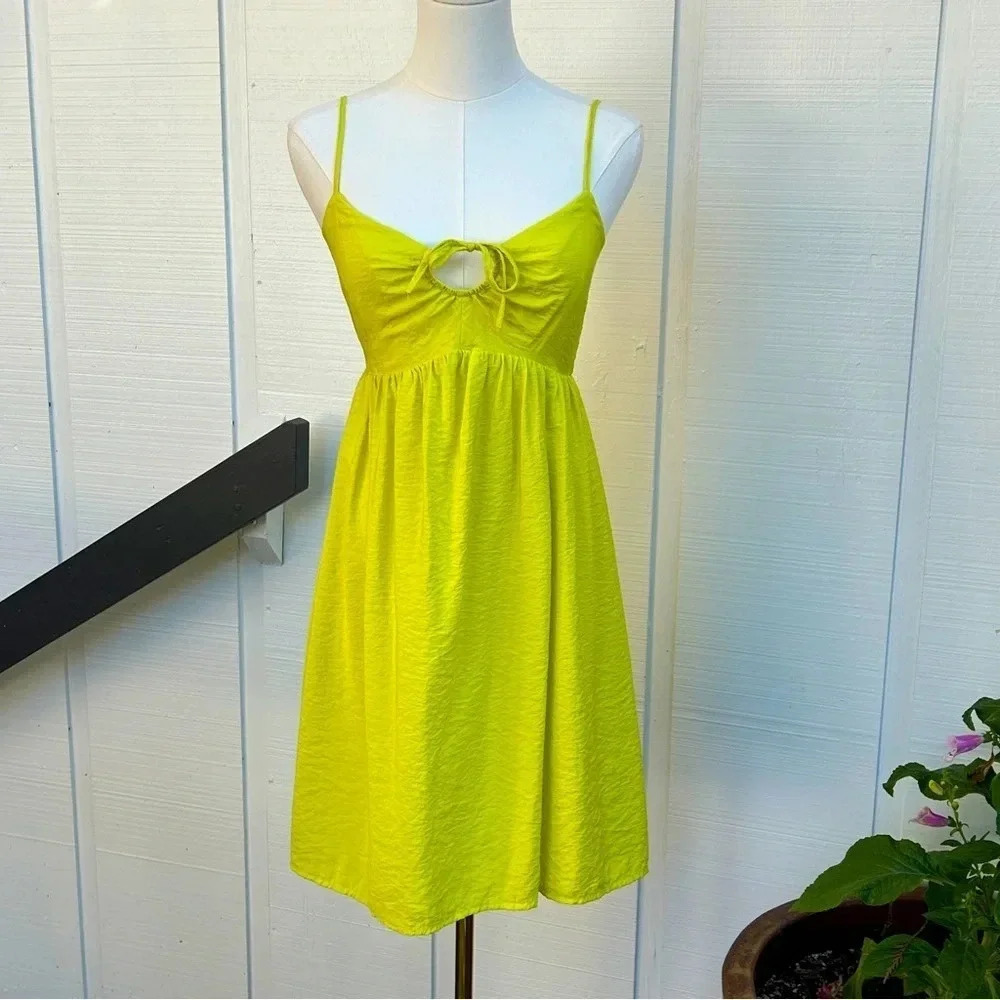 Nine West Bright Neon Yellow Keyhole Tie Bust Flowy Strappy Mini Sun Dress | XS